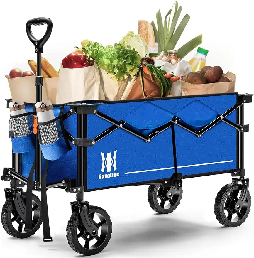 Collapsible Wagon, Heavy Duty Folding Wagon with Drink Holders, Large Capacity Foldable Utility Grocery Wagon Cart for