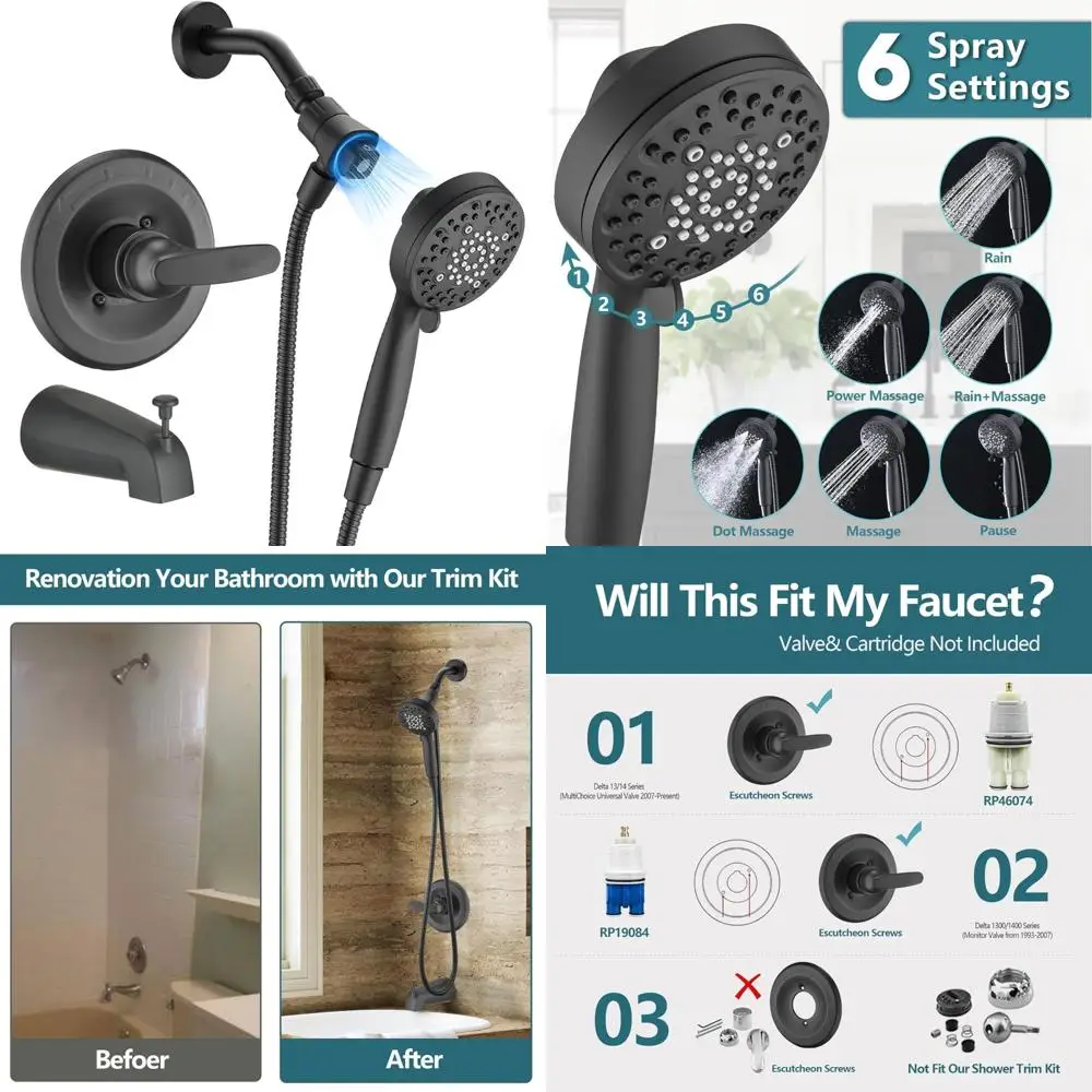 

Magnetic Handheld Shower Faucet Tub Trim Kit, 6-Setting Shower Head & Handle Set, Matte Black, Replacement for 13/14 Series Show