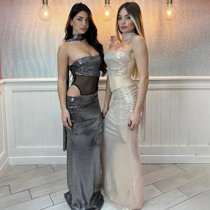 

Typhaland Glitter Strapless Ribbon Dress Women's Fashion 2026 Summer New Vacation Party Dress Slim Sequins Female Elegant Dress