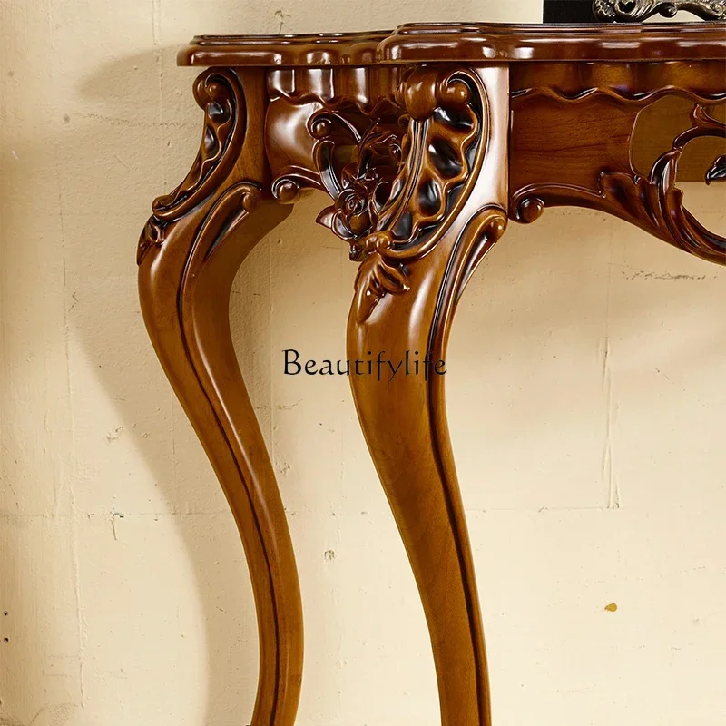 LXEuropean entrance platform, solid wood table, American solid wood carving flower semicircle