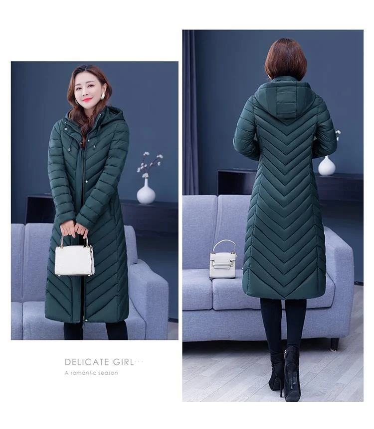 NEW Middle-aged Womens Down Cotton Coat Winter Long Warm Quilted Cotton Jacket Female Casual Hooded Parka Overcoat Purple 5XL