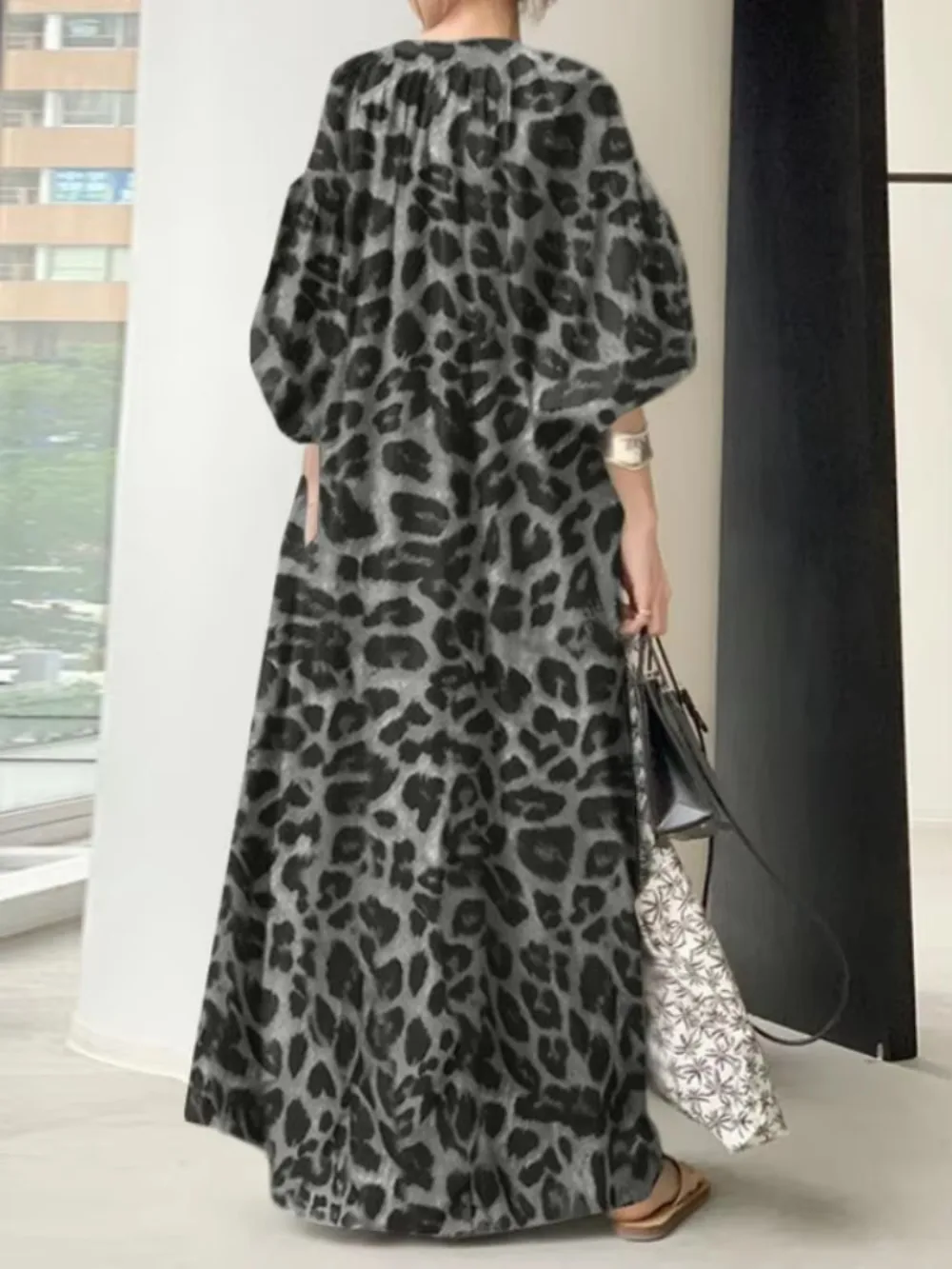 Fashion Women Chiffon Dress Stand Collar Printed Pockets Muslim Abaya Vestidos Loose Long Sleeves Simple Casual Cardigan Dresses