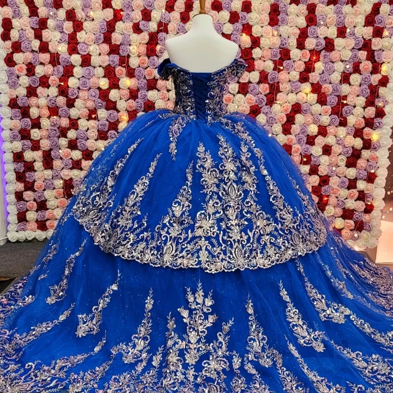 Royal Blue Shiny Quinceanera Dress Ball Gown Off The Shoulder Lace Applique Beading Tull Corset Sweet 16 Vestidos De 15 Anos