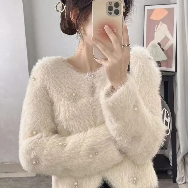 Elegant Korean Fashion Cardigan Imitation Mink Velvet Sweater Women Autumn Winter Bead Short Coats New O Neck Sweet Loose Jacket