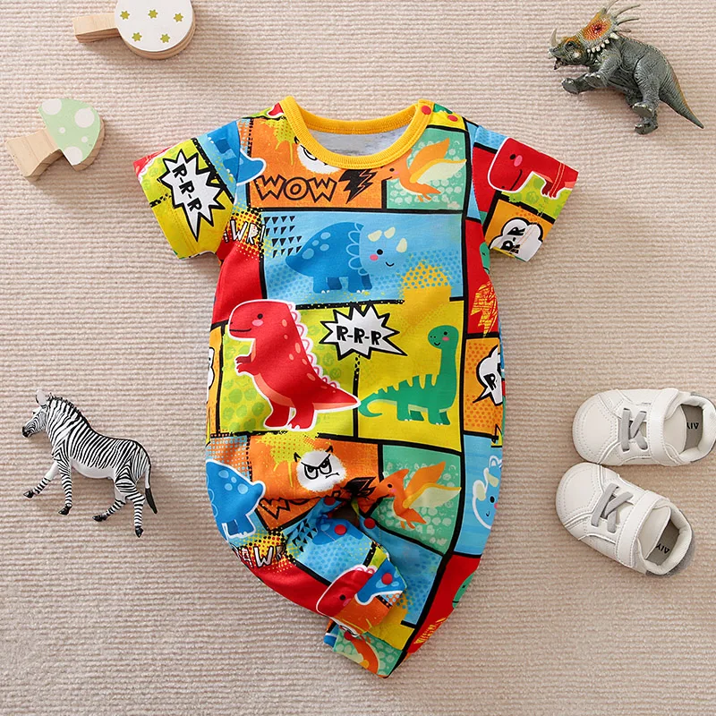 Summer Newborn Boys And Girls Cute Cartoon Comics Dinosaur Print Comfortable Short Sleeve Baby Bodysuit