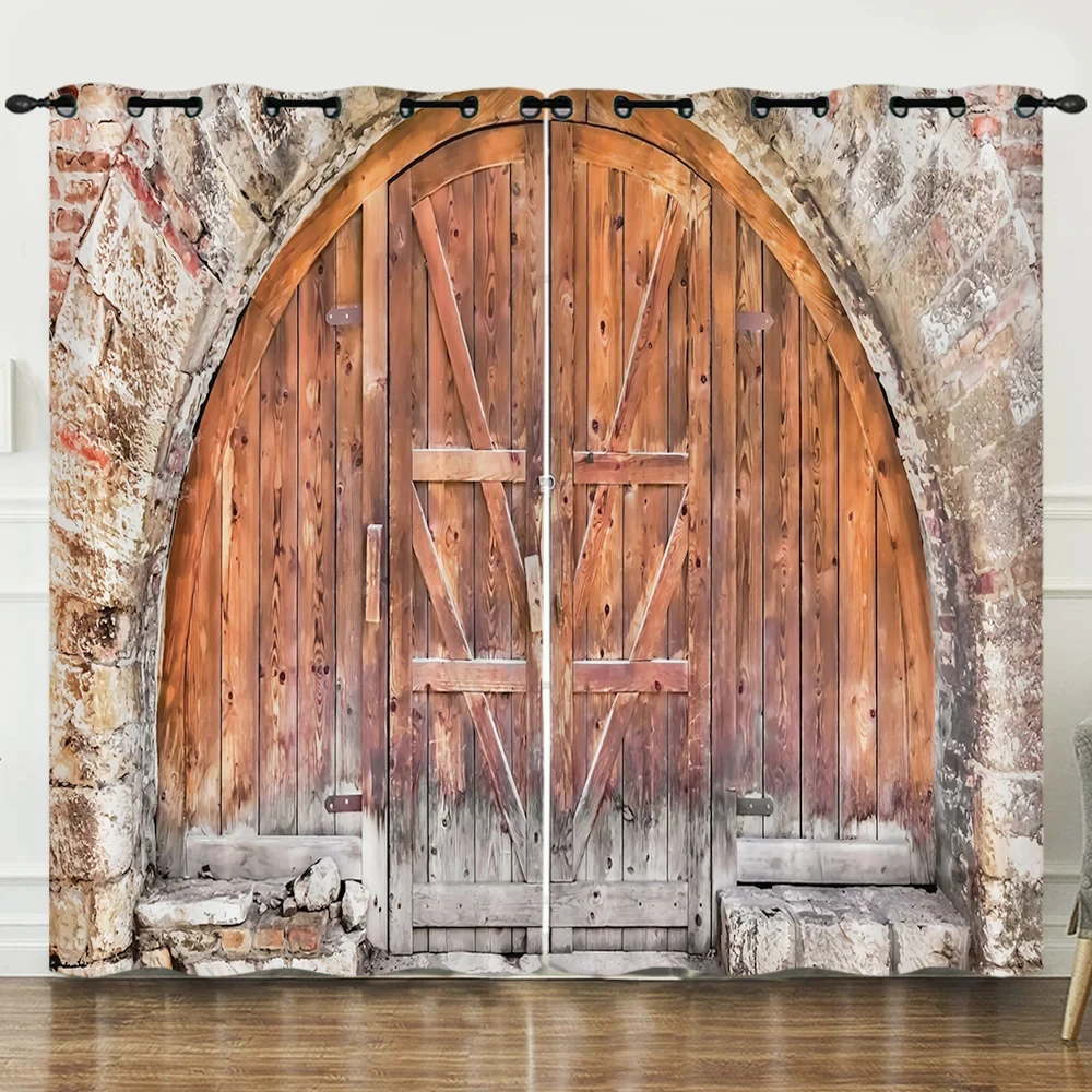 Rustic Wooden Barn Window Drapes Old Garage Door Outside Scenery Curtains for Home Bedroom Living Room Window Curtains 2 Panels