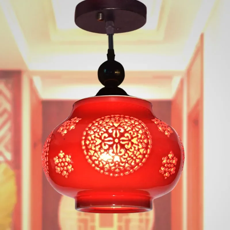 

Chinese lamps Chinese red ceramic aisle corridor window porch balcony ceiling lamp single head chandelier