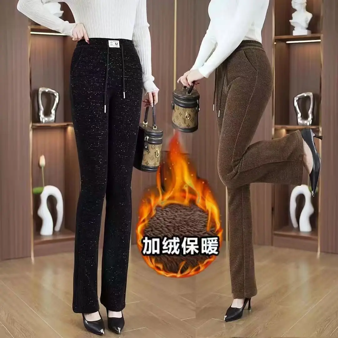 2025 Autumn Winter Women Fleece Flare Trousers Women's Plush Warm Pants Fashion Bling Korean Style Slim-fit Pants Casual Pants