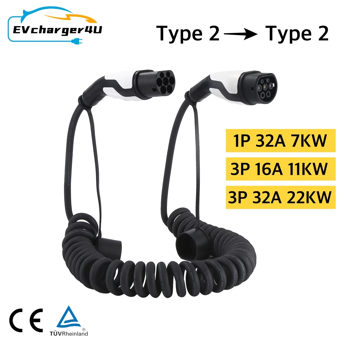 EVcharger4U Type 2 EV charging Spiral Cable 1Phase/3Phase 16A/32A 7KW/11KW/22KW 7M IEC62196 Type2 Coiled Cable for Electric Car