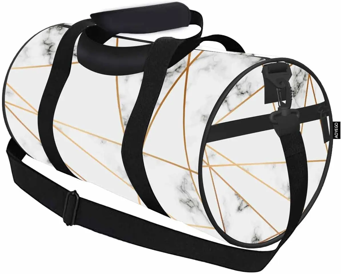 

White Marble Travel Duffle Bag Golden Geometric Lines Marbling Modern Luxurious Overnight Bag Weekender Bag Travel Sport Gym Bag