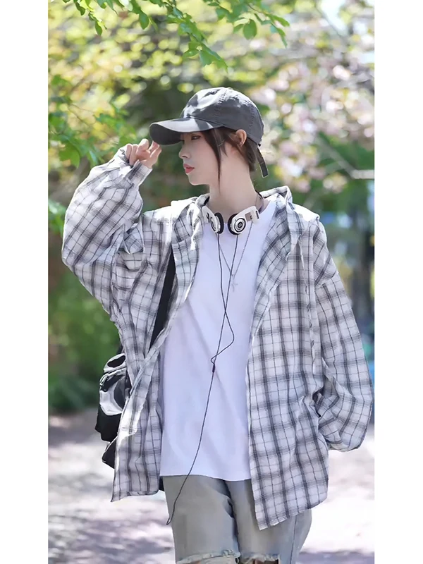 White Plaid Hooded Long Sve Men's irt Lightweight Breathable Summer Sun Protection Casual American Brand Outdoor Clothing