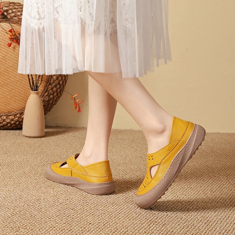 Mori Girl Perforierte Schuhe aus echtem Leder für Damen, faltbare Ballerinas mit Ausschnitt, klobige Loafer, gewellte, atmungsaktive Mokassins – Detail 10