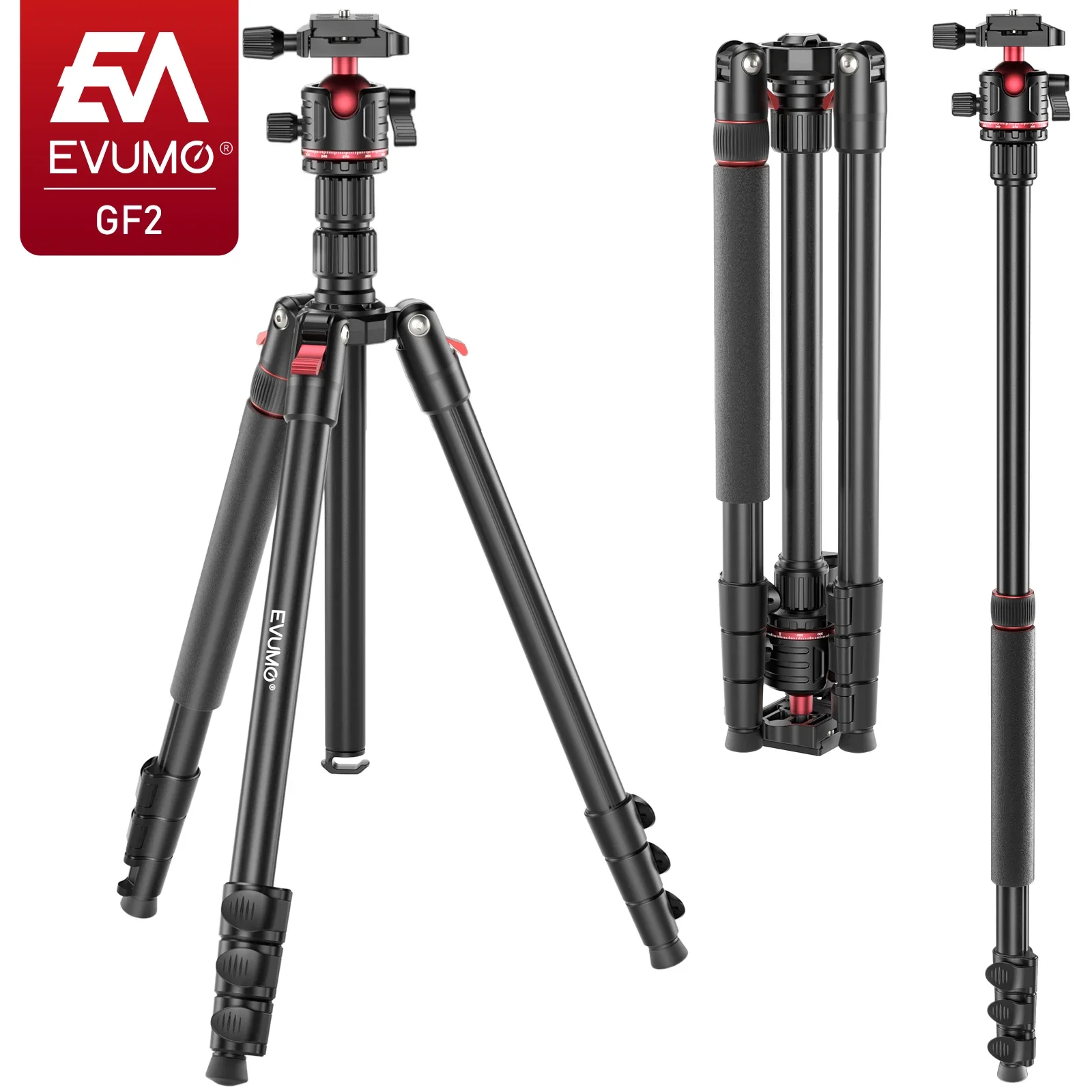 EVUMO GF2 Travel Tripod 1.73M Aluminum Alloy Camera Phone Lightweight Stand W Arca Swiss Plate 360° Rotatable Ballhead 8kg Load