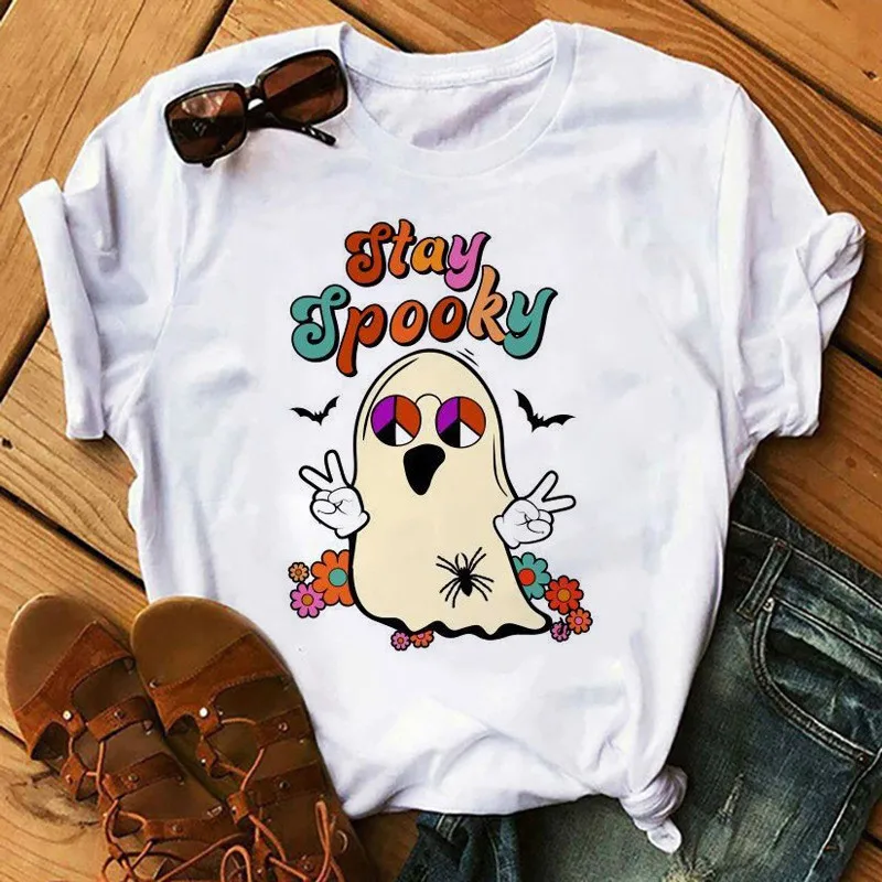 Women's Round Neck White Short-sleeved T-shirt Halloween Print Stand Alone Harajuku  Graphic T Shirts  Aesthetic Clothes