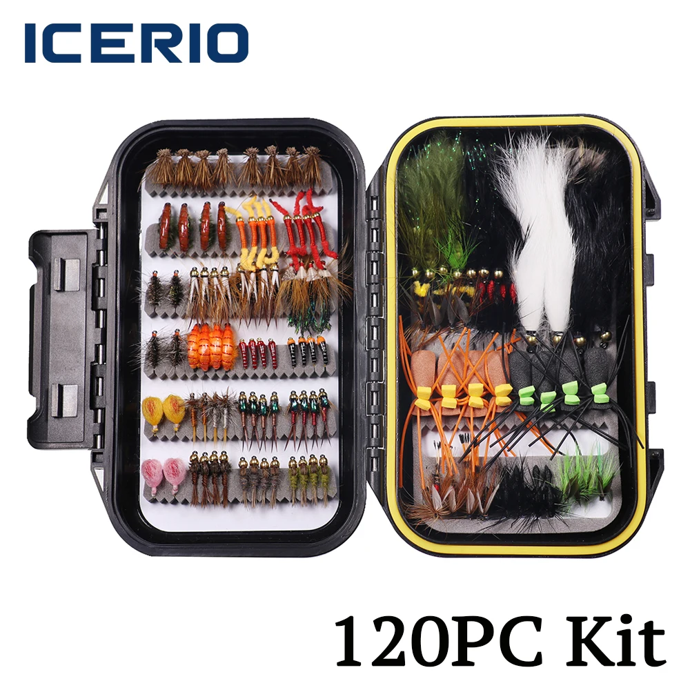 

ICERIO 120pcs Fly Fishing Flies Kit - Dry Wet Nymph Streamer Woolly Bugger Trout Salmon Bass Panfish Lures Set