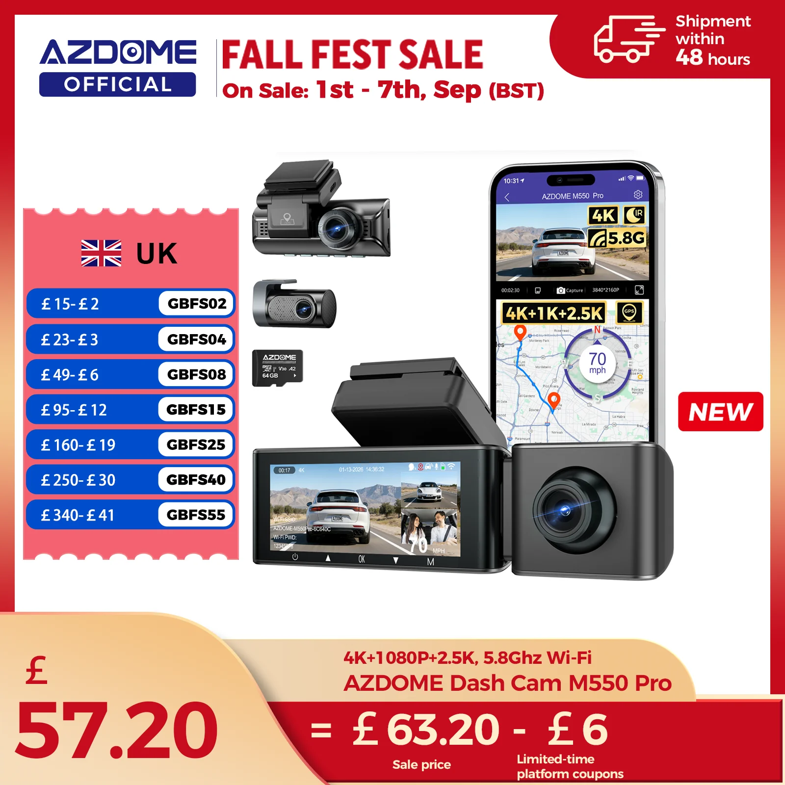 AZDOME M550 Pro Dash Cam Car DVR 5.8Ghz WiFi 3.19" IPS 2 or 3 Channel Dash Camera GPS Night Vision Dual 4K+1080P Parking Monitor