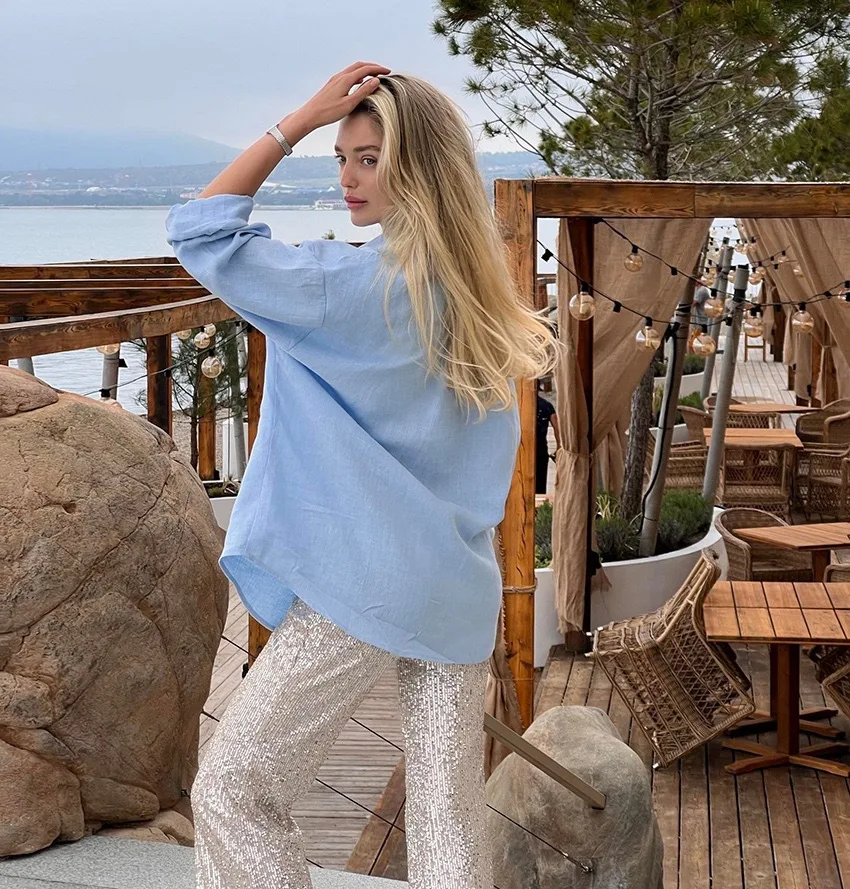 2025 Women's Oversize Shirt Long-sleeved Button Cardigan Pink Lapel Simple Korean Version White Top Blue Blouses for Female