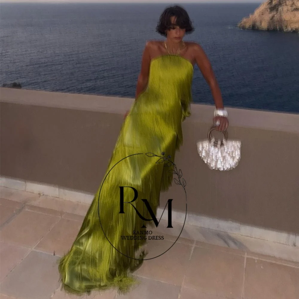Ranmo 2027 Customized Green Layered Tassel Evening Dresses for Women Sleeveless Strapless Graduation Party Gowns Vestido De Gala