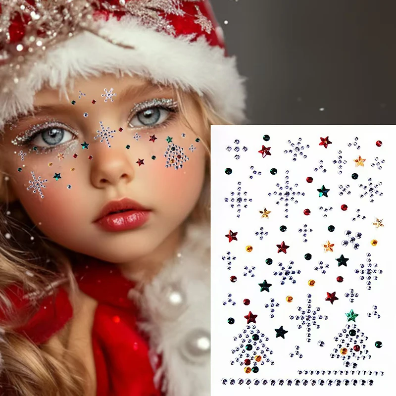 1PC 10*8.5cm Self Adhesive Patch White Snowflake Christmas Makeup Christmas Tree Stickers Rhinestone Eyes Face Temporary Tattoo