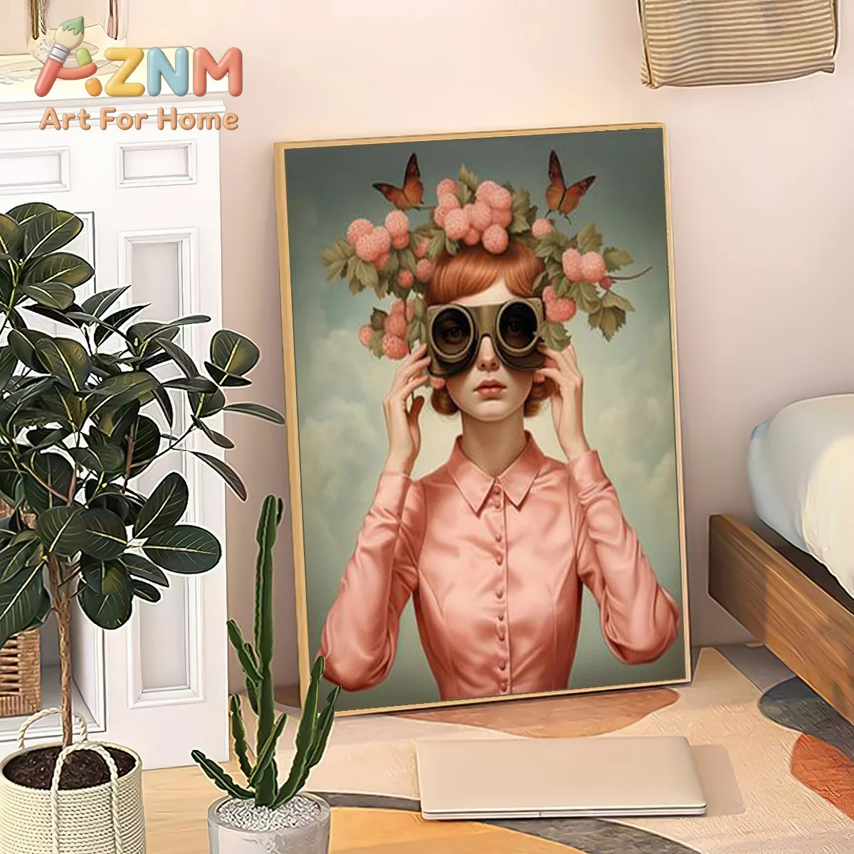 Beautiful woman with eyes and flower head print female portrait art feminism art painting portrait with flowers art print canvas