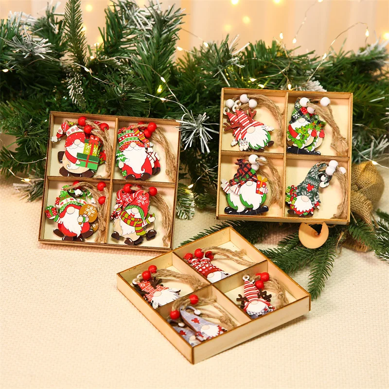 12pcs/set Christmas Wooden Colorful Decorativ Pendant Santa Claus Gingerbread men Kawaii Christmas Tree Hanging Ornament Jewelry