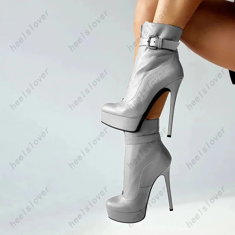 Ahhlsion Women Winter Ankle Boots Platform Stiletto Heels Round Toe Pretty Nude Violet White Grey Shoes US Plus Size 5-20 view 5