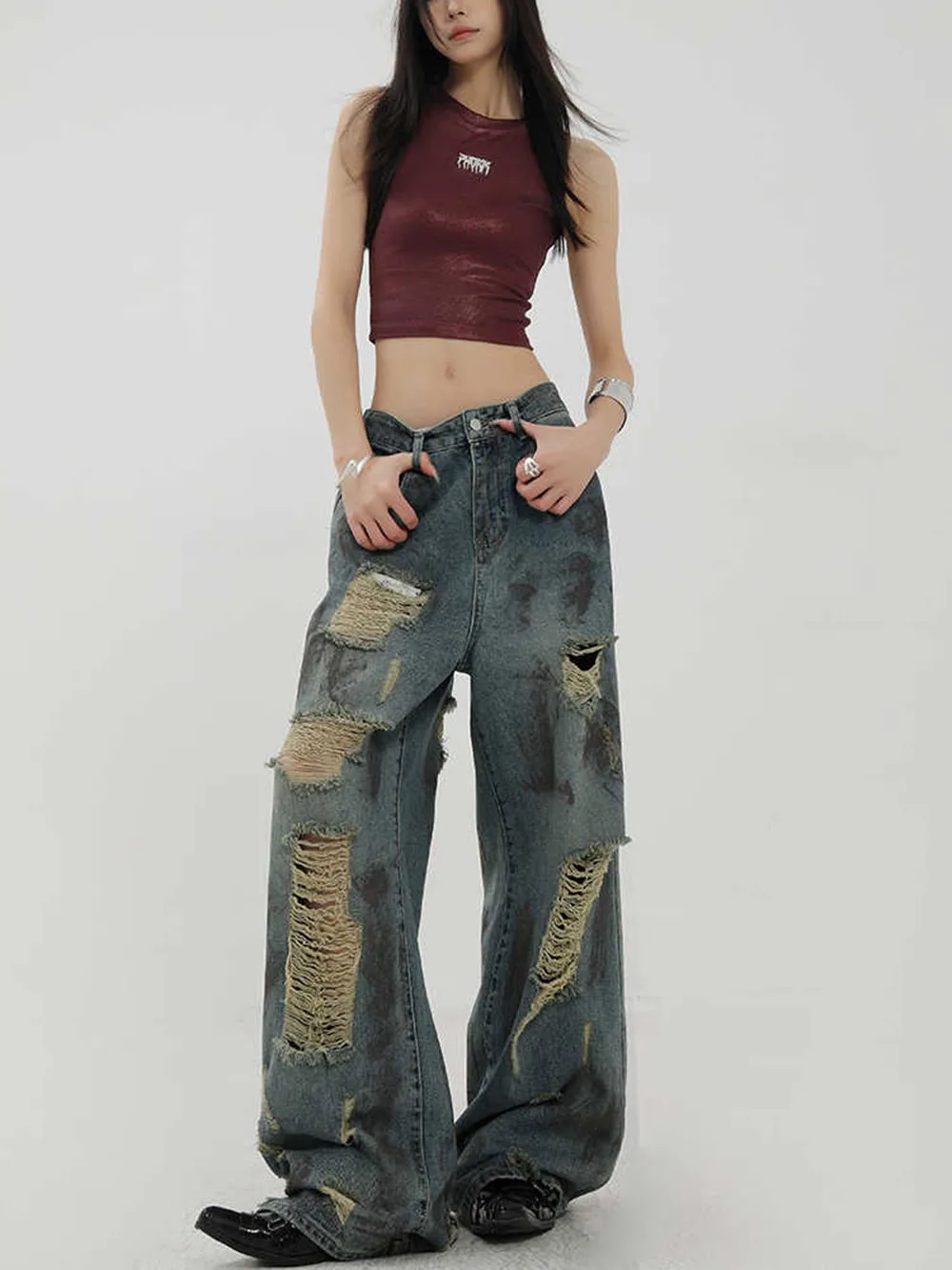 Women's Fashion Hollowed Out Brushed Jeans 2025 Spring Summer New Fashion High Waist Wide Legs Female Loose Fit Denim Pants