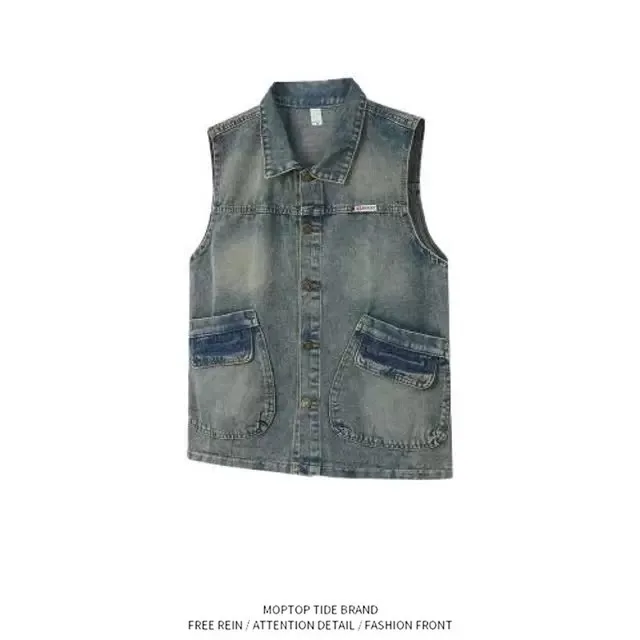 

Stylish Retro Large Size Spring Autumn Denim Vest Men's Sleeveless Jacket Cool Vintage Style Polyester Fiber Outerwear