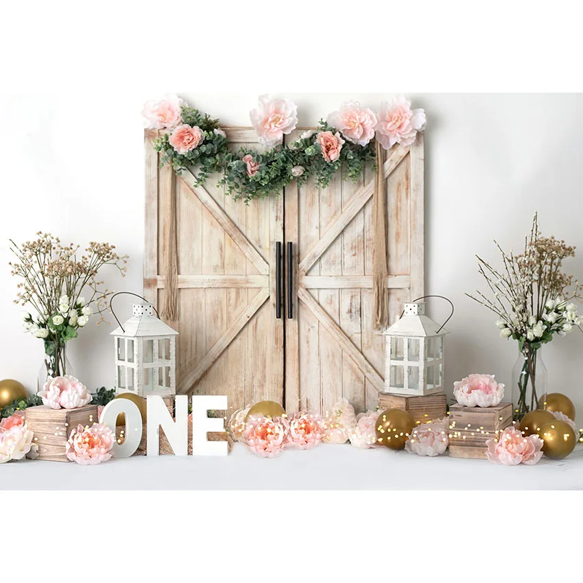 Mehofond Photography Background Wooden Door Floral Grass Girl 1st Birthday Party Balloons Light Up Decor Backdrop Photo Studio