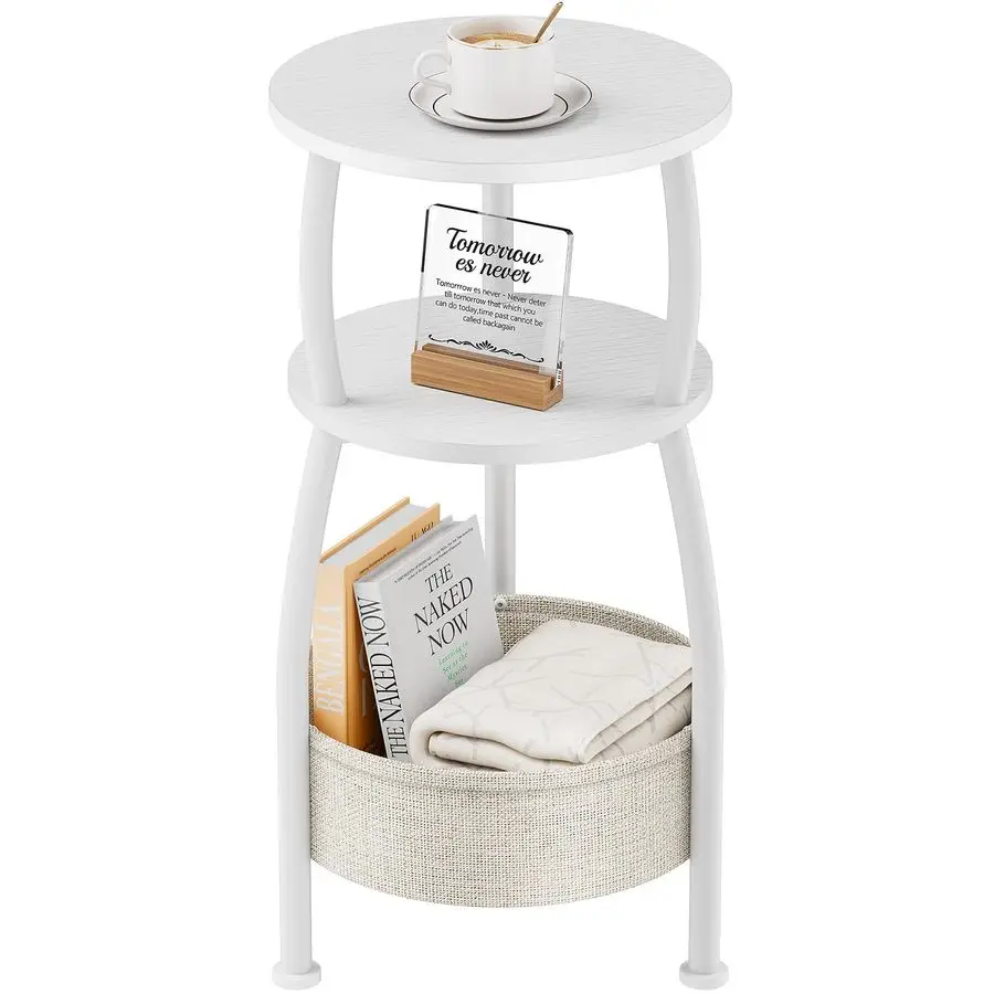 

Small Round Side Table for Living Room with Storage Basket Small Space Saving End Table 3Tier Nightstand Couch Corner Stand Bedr