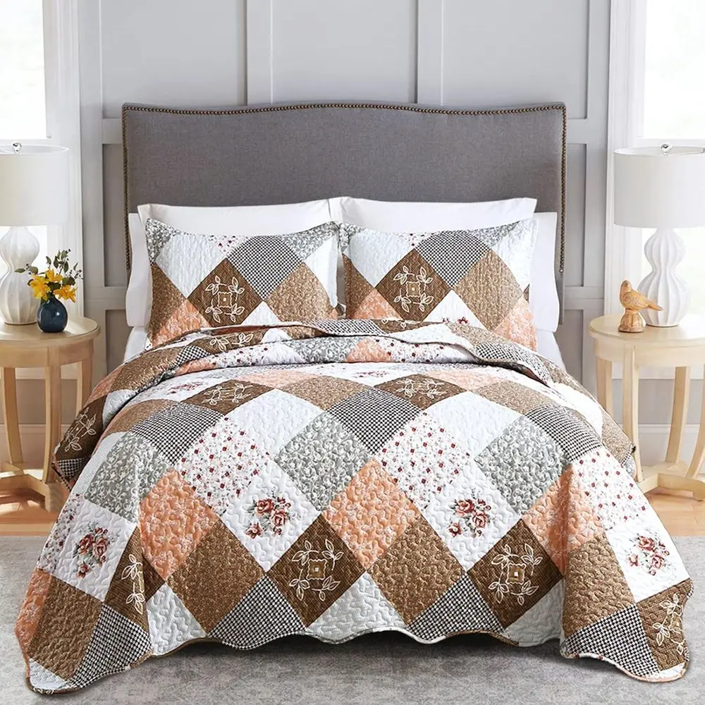 

Комплект постельного белья Loral Plaid Patchwork, двусторонний, коричневый, из микрофибры, легкий, 3 предмета
