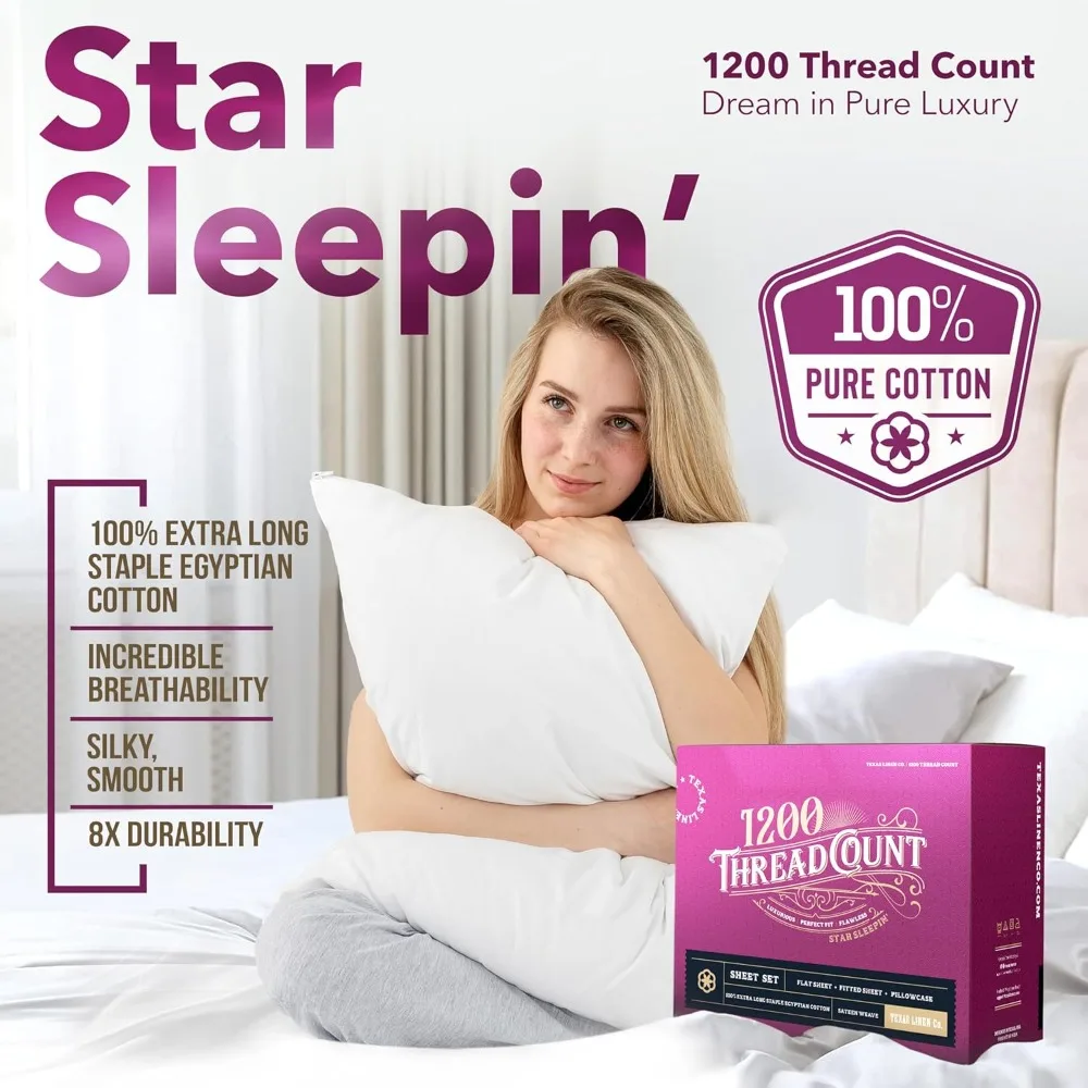 TEXAS LINEN CO. مجموعة ملاءات قطن مصرية 100% مقاس كينج - عدد 1200 ورقة فاخرة من القطن المصري مقاس كينج، 17 عميق P