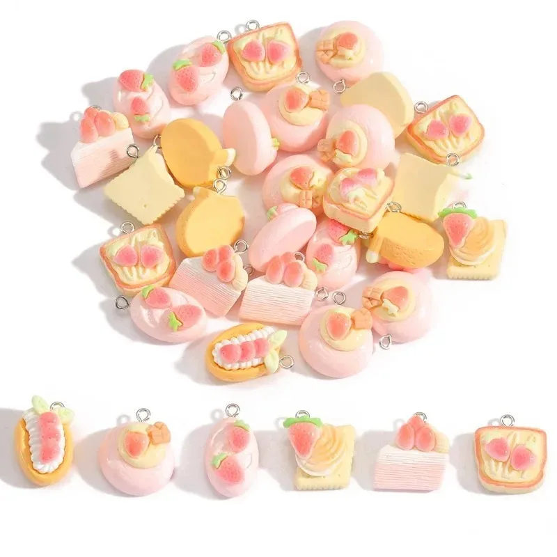 Strawberry Cake Cookie Toast Resin Pendants 10Pcs Cute Snack Charms Handcraft Accessories For Keyring Earring Necklace Making