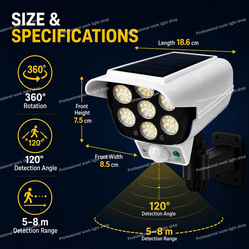 77 LED Solar Dummy Security Camera Light Outdoor Motion Sensor Wall Lamp with Remote Control 3 Modes for Home Yard Garage