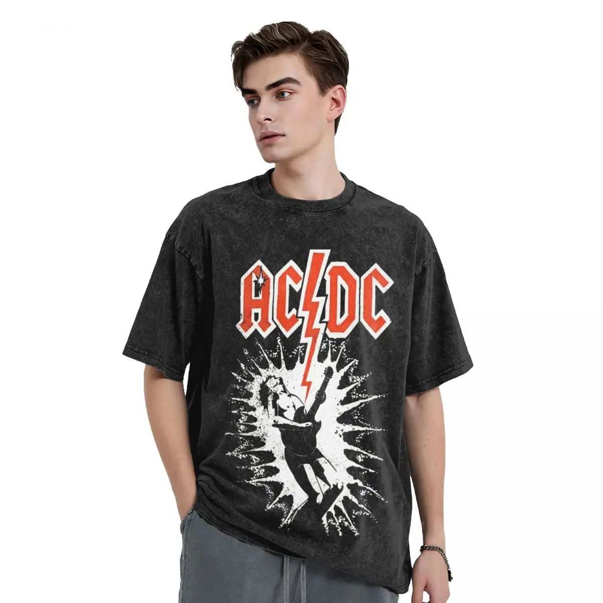 Washed T Shirts Rock Band AC High Voltage DC Hip Hop Vintage T-Shirts Street Streetwear Cotton Printed Tops Tees for Men Women