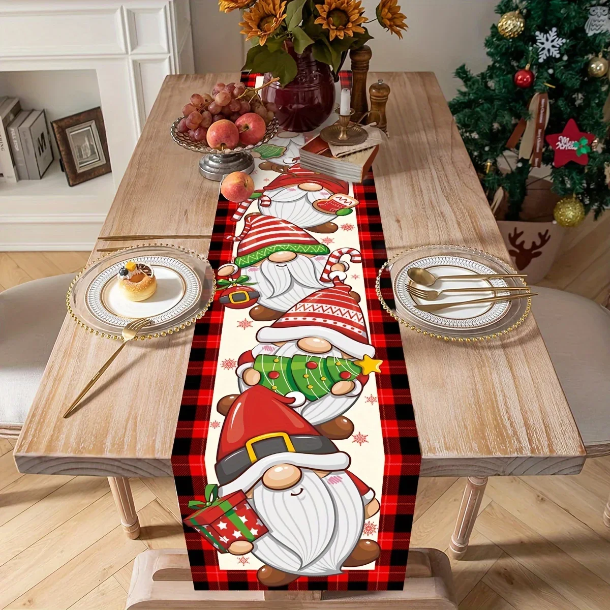 Christmas Gnome Buffalo Plaid Linen Table Runner Party Decor Reusable Winter Kitchen Dining Table Runners Christmas Decorations