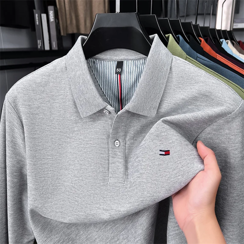 

Exquisite Embroidered 100% Cotton Men's Polo Shirt High End Brand Autumn Business Trend Long Sleeve Lapel T-shirt Men's Clothing