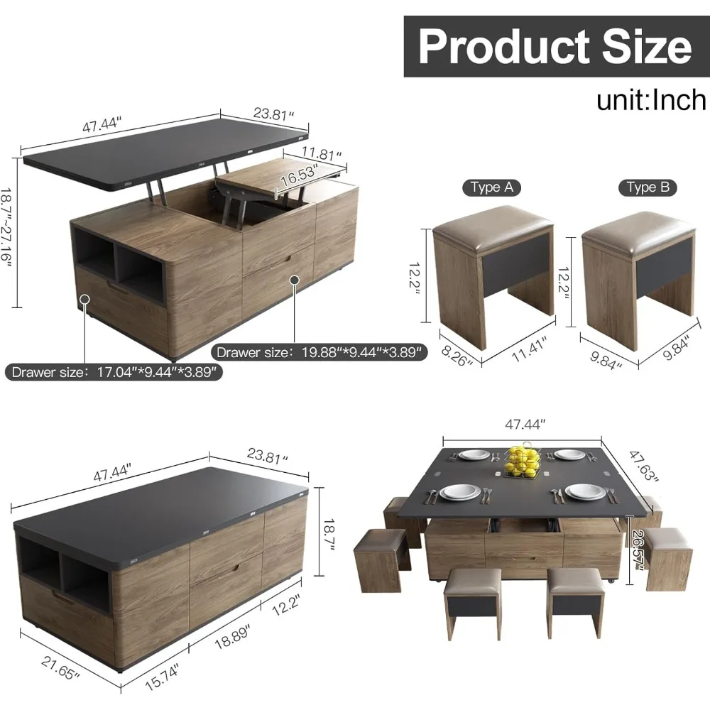 طاولة قهوة متعددة الوظائف قابلة للرفع مع 4 مقاعد، وطاولة مركزية 3 في 1، وطاولة طعام قابلة للطي موفرة للمساحة لغرفة المعيشة #2