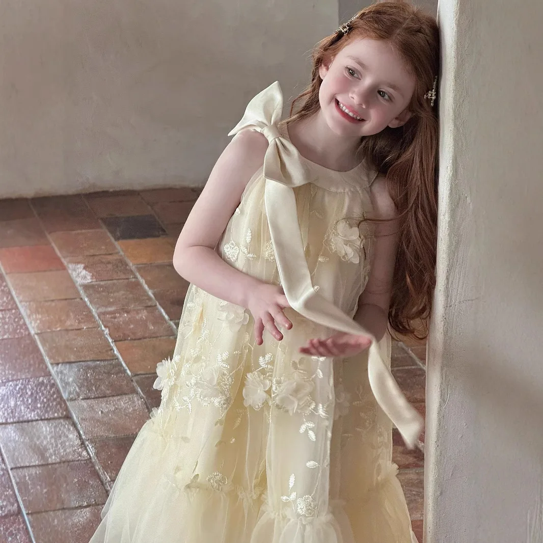 2025 Summer New Girls Three Dimensional Flower Splicing Mesh Lace Dress Korean Butterfly Knot Sleeveless Princess Dress