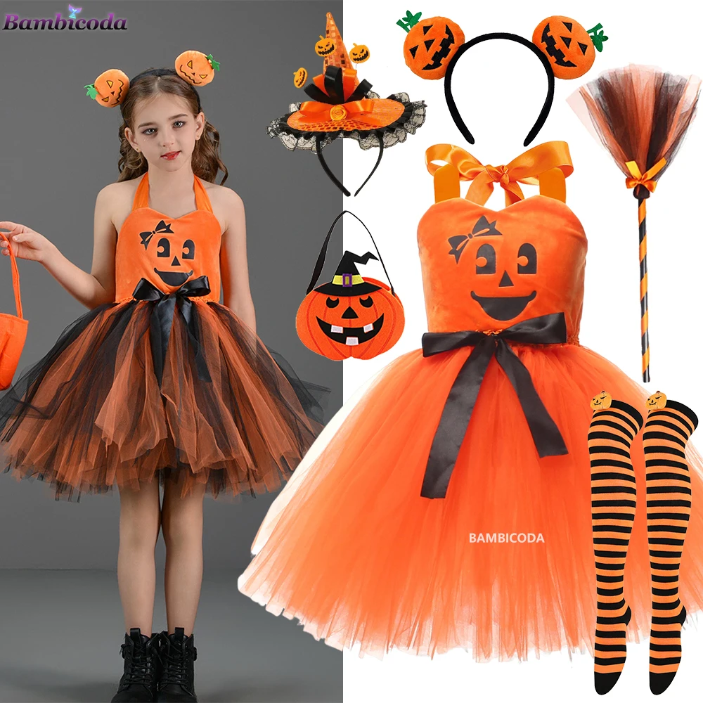 

Girls Halloween Cosplay Kids Orange Pumpkin Costume Children Gown Infant Witch Dress Clothing Set Hat Pumpkin Bag Pantyhose