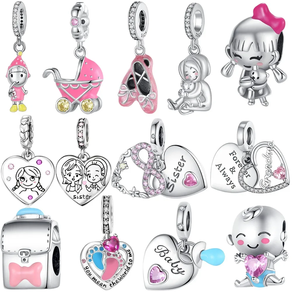 Abalorio Colgante de Plata 925 con Diseño de Niña en Impermeable Rosa, Compatible con Pulseras Originales, para Bolsos, Llaveros, Abalorios DIY, Regalo de Joyería para Mujer