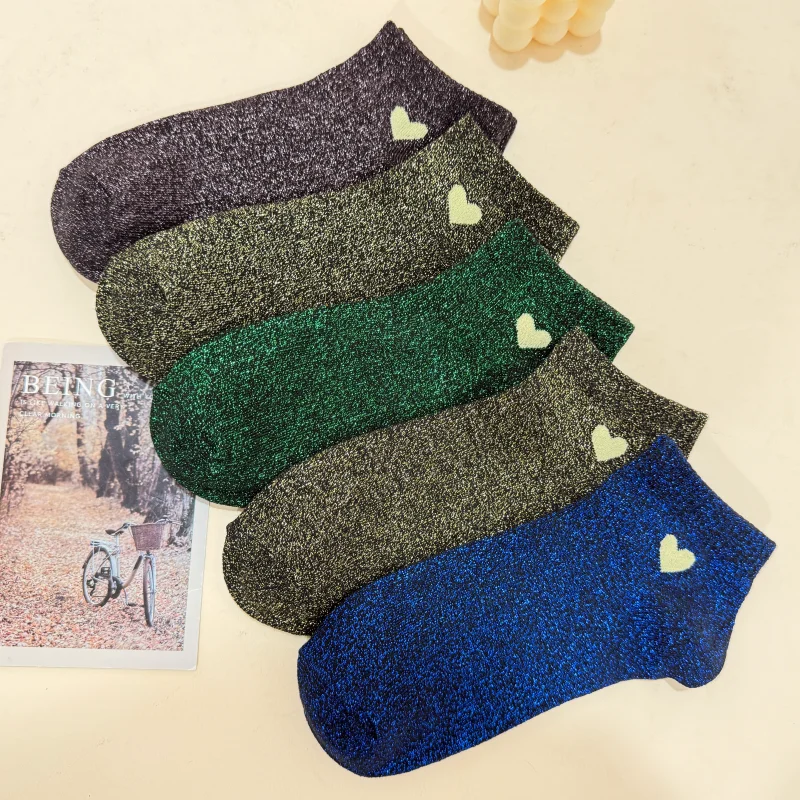 5 Pairs Of Spring/Summer Women's Heart-Shaped Pattern Shiny Silver Mixed Solid Color And Candy Color Gold And Silver Thread Sock