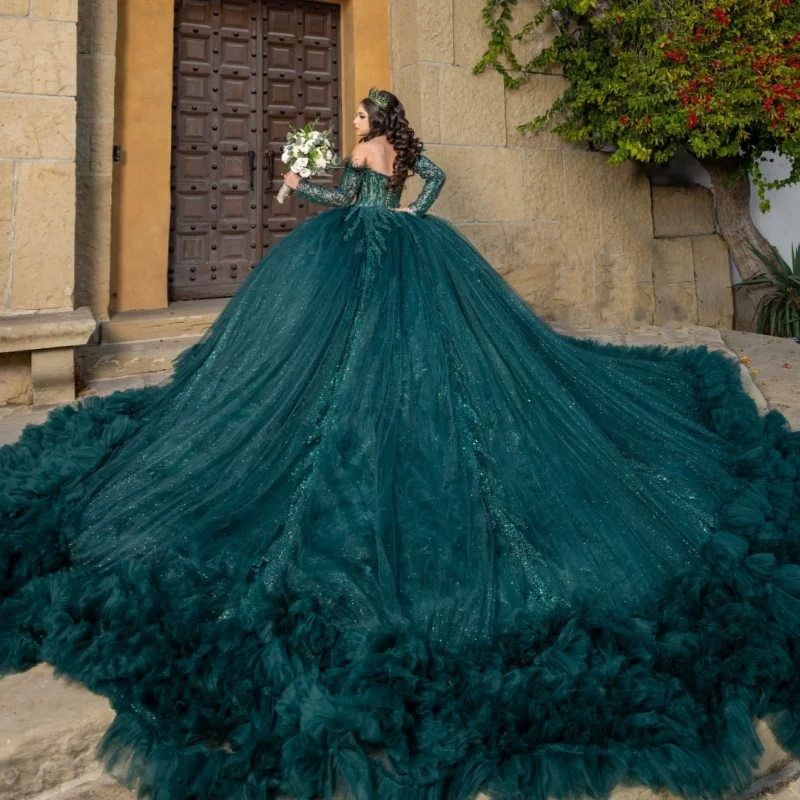 Schwarzgrünes, glänzendes, schulterfreies Quinceanera-Kleid mit Applikationen, Perlen, Tüll, abgestuft, Party, Geburtstag, süßes 16-Kleid, Vestidos 15 De