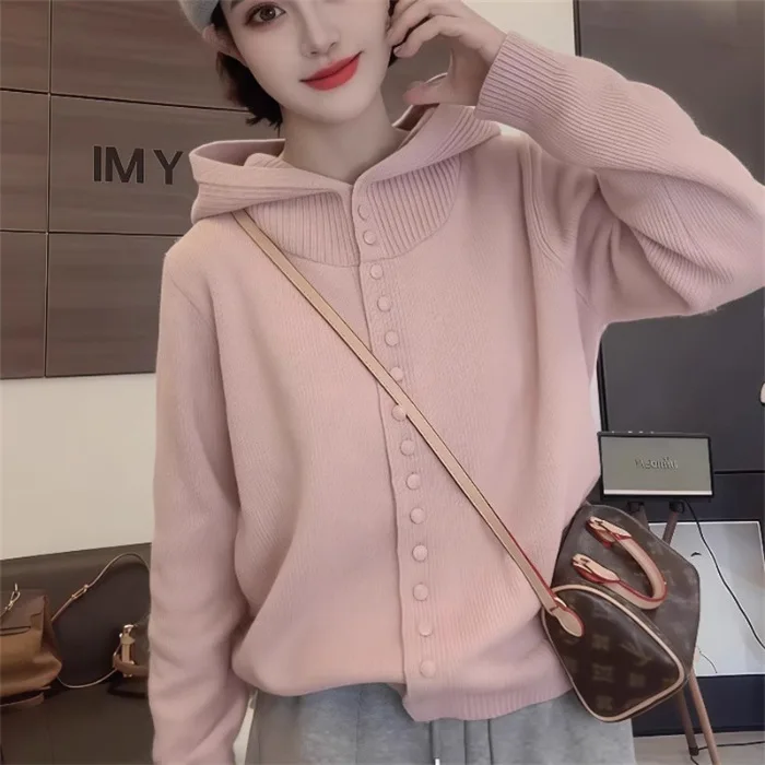 2025 nouveau Style coréen à la mode décontracté Style paresseux à capuche tricoté Cardigan simple boutonnage pull veste pour les femmes