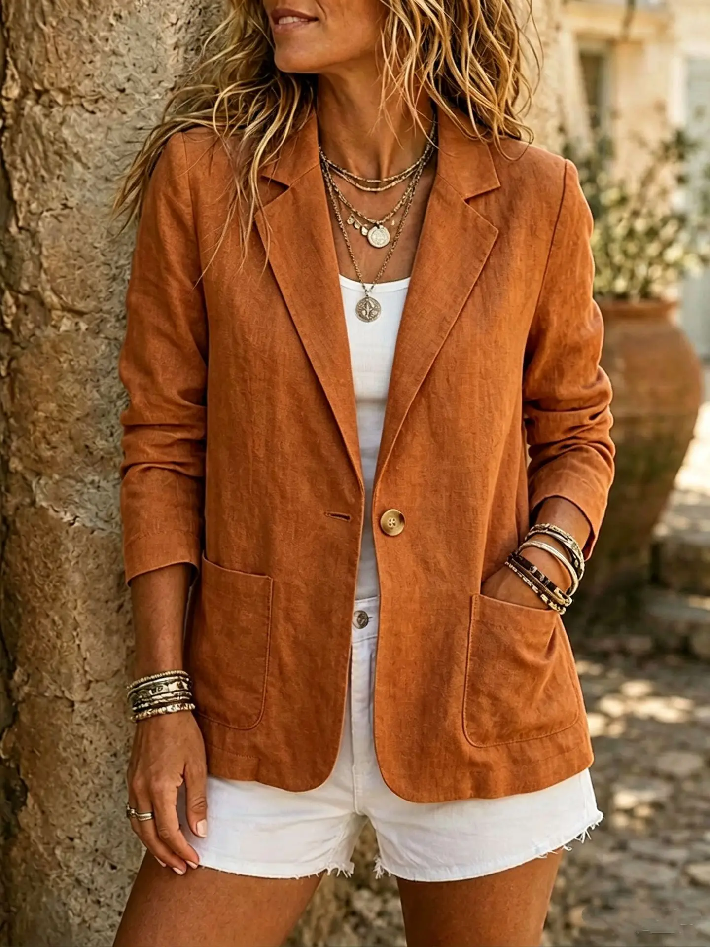 Women Relaxed Fit Linen Blazer Long Sleeve Notch Collar One Button Casual Suit Coat