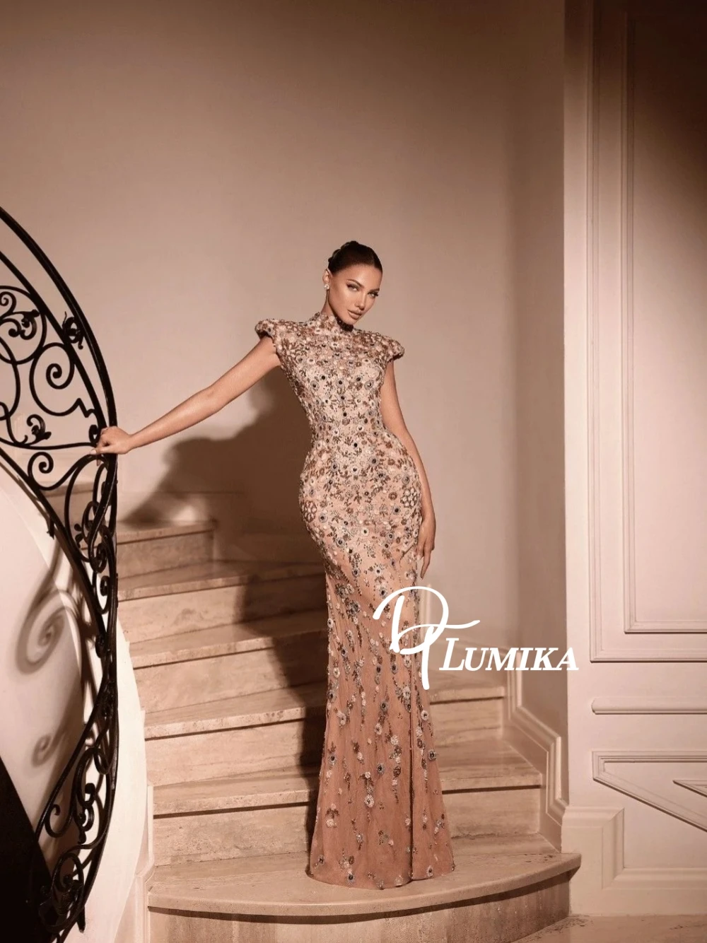 

Beaded Embroidery Elegant Evening Dress New Arrival High Neck Customized Cocktail Gown Charming Intricate Shiny Party Wear