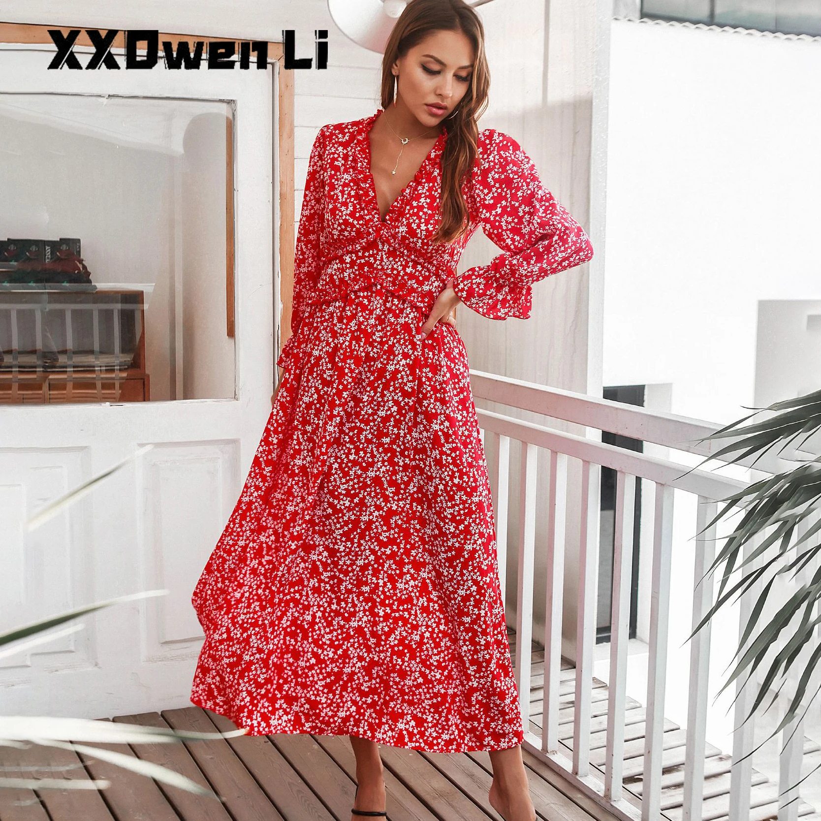 

Autumn Women's Floral Ruffled Long Dress Winter Casual New Lantern Sleeve Red Maxi Dresses For Woman Fashion Party Dress