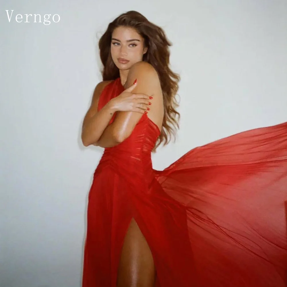

Verngo Red Chiffon Evening Dress One Shoulder A Line Side Slit Formal Occasion Dresses Women Elegant Prom Gowns Customized