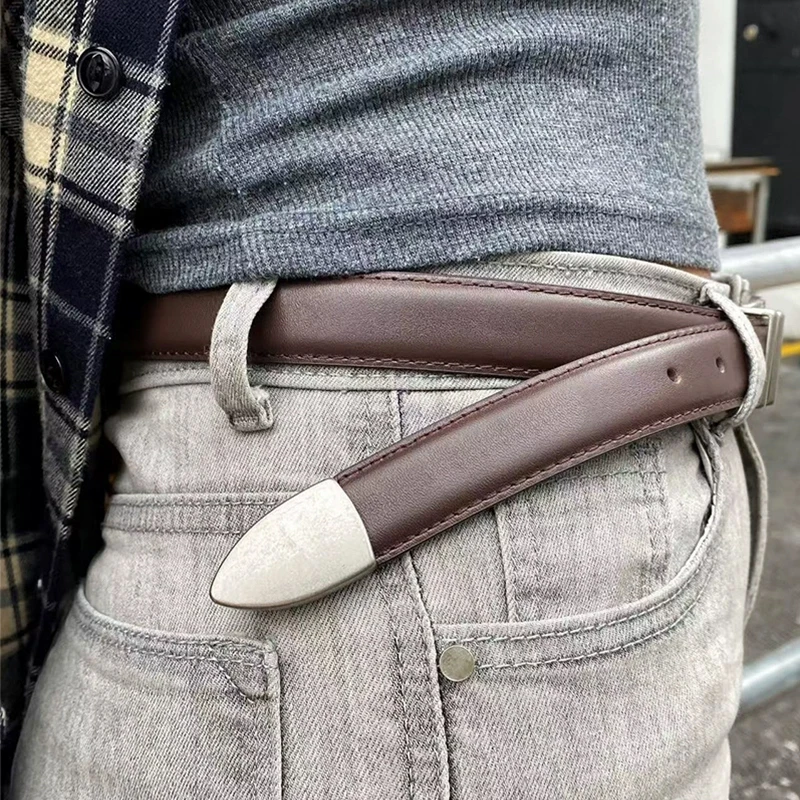 Unisex-Vintage-Gürtel aus echtem Leder, Rindsleder-Bund, Schwarz mit silberner Schnalle für Damen und Herren, modischer Gürtel für Jeans und Hosen – Detail 2