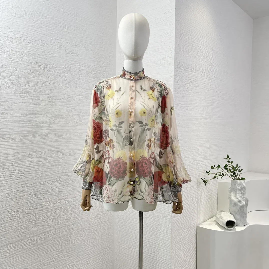 Summer 2024 Women New Holiday Collection Floral Print Long Lantern Sleeve Vintage Silk Blouse Tops and Belted Linen Shorts Set